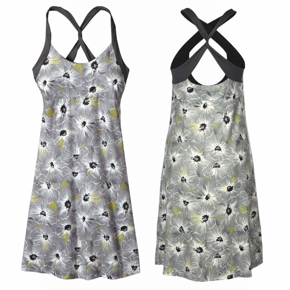 Patagonia Morning Glory Exercise Dress in Black & White Floral Print